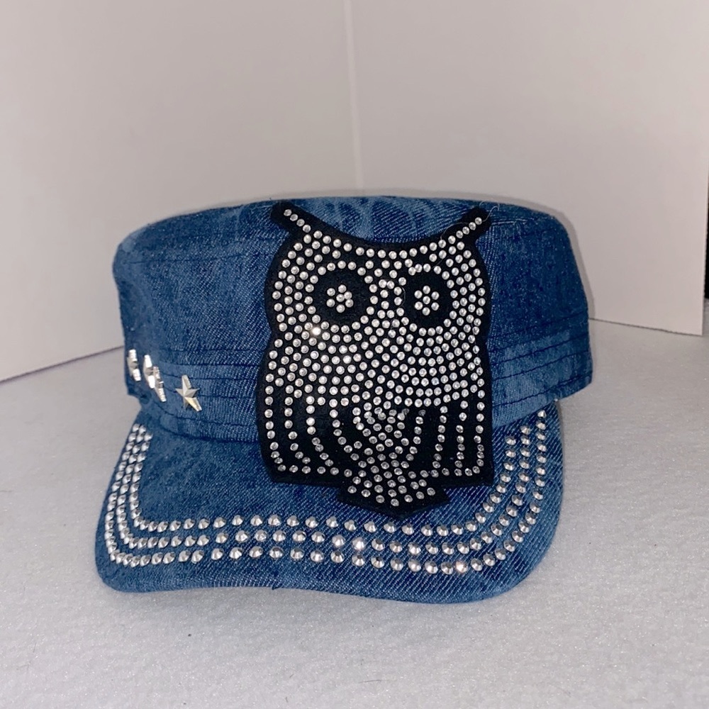 Owl Bling Rhinestone Splash Denim Cadet Hat